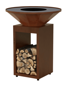 Brasero plancha rond Ø 82 cm sur meuble ouvert - Acier Corten - Origine.R 82 Cognac - Oyat