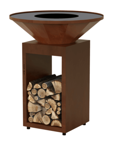 Brasero plancha rond Ø 82 cm sur meuble ouvert - Acier Corten - Origine.R 82 Cognac - Oyat